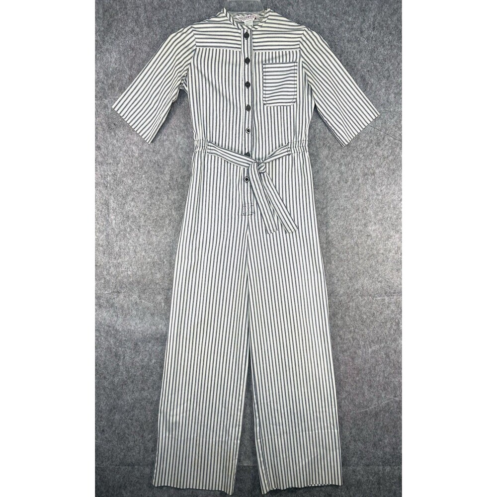 Vintage Liz Carlson Jumpsuit Denim Romper Striped Coveralls Size Large?